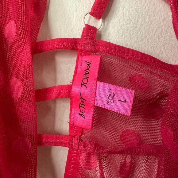 L Betsey Johnson Sheer Pink Polka Dot Mesh Slip Dress Cherry Bow Coquette Kawaii - Picture 6 of 8